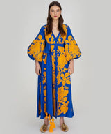 Blue embroidered dress with yellow roses