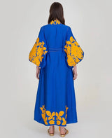 Blue embroidered dress with yellow roses