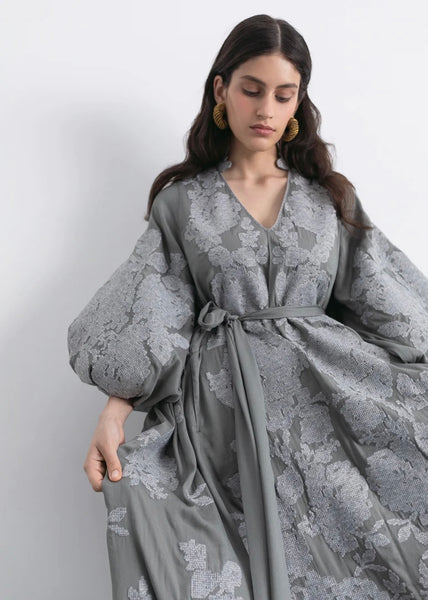 Gray dress with floral embroidery