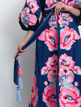 Navy blue embroidered dress with peonies