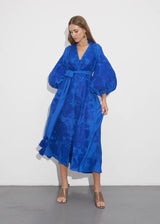 Blue kaftan with blue floral embroidery