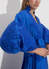 Blue kaftan with blue floral embroidery