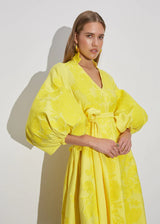 Yellow kaftan with yellow floral embroidery