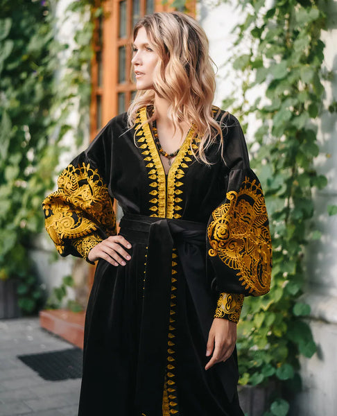 Black velvet kaftan with gold embroidery