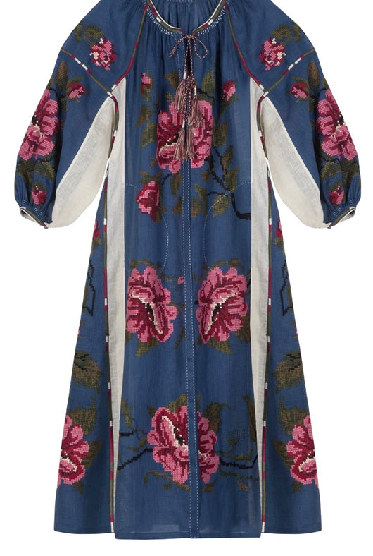 Blue embroidered linen dress