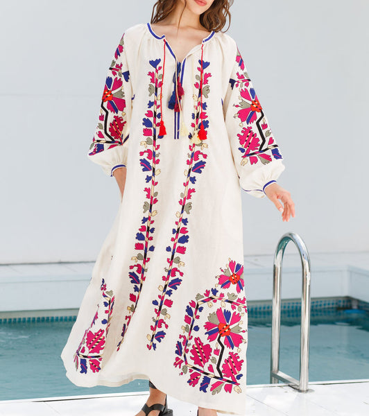 White Boho style kaftan with embroidery