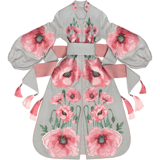 Light gray Kaftan with embroidered poppies