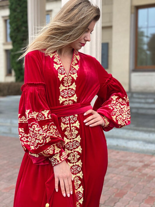Red embroidered velvet dress
