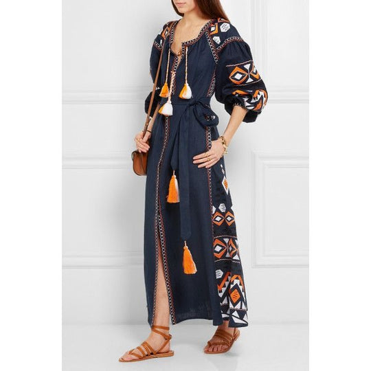 Navy blue Boho style kaftan with embroidery