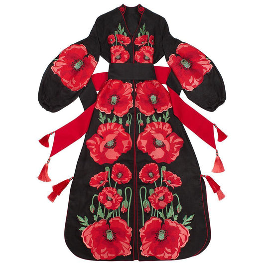 Black embroidered dress with poppies