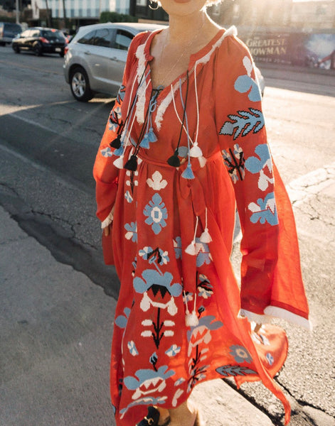 Red Boho style kaftan with embroidery