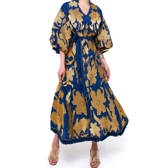 Blue dress with gold embroidery