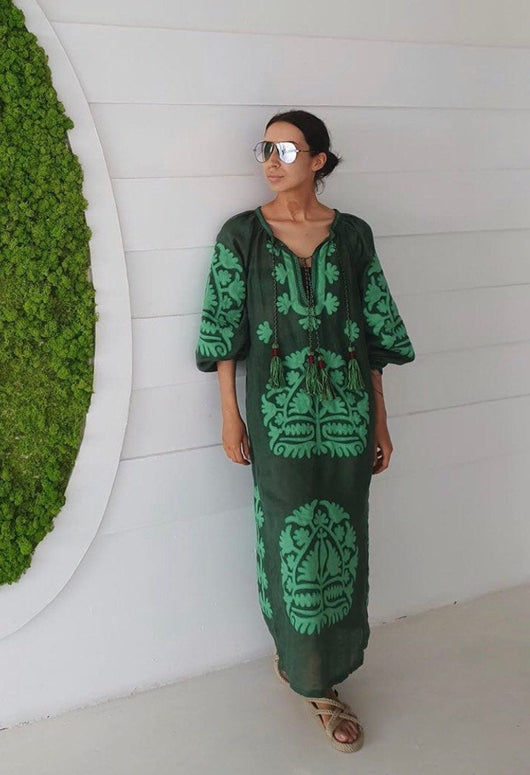 Green embroidered applique dress
