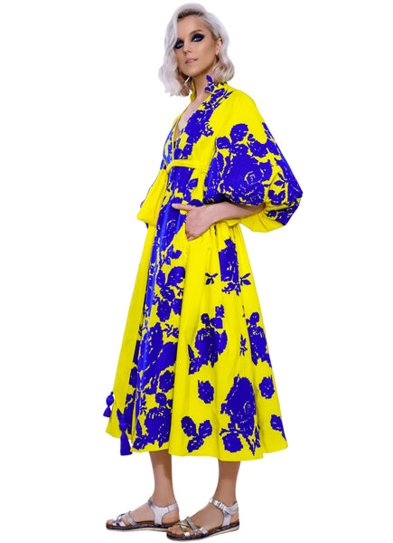 Yellow embroidered dress with blue embroidery