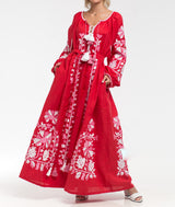 Red Boho style kaftan with embroidery