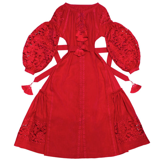 Red cut-embroidered dress with roses
