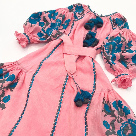 Pink embroidered dress with blue flowers