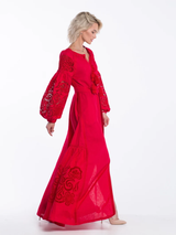 Red embroidered dress with cut-embroidery