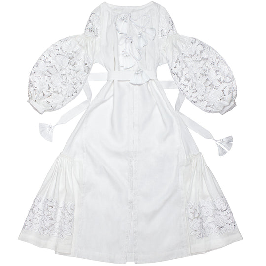 White cut-embroidered dress with roses