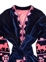 Long velvet kaftan with embroidered horses